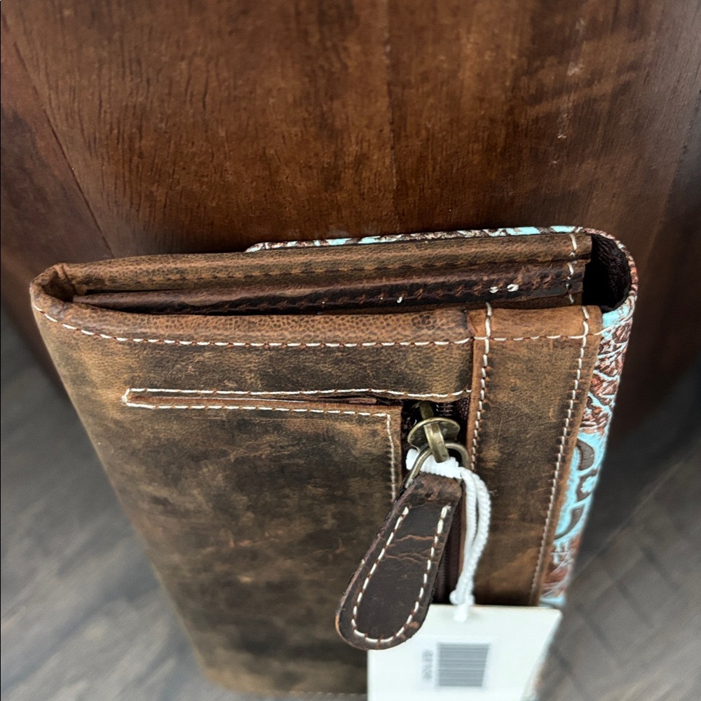 American Bison Genuine Leather,snap close,6 card,zipper coins,2 slash,bull skull - Picture 8 of 10